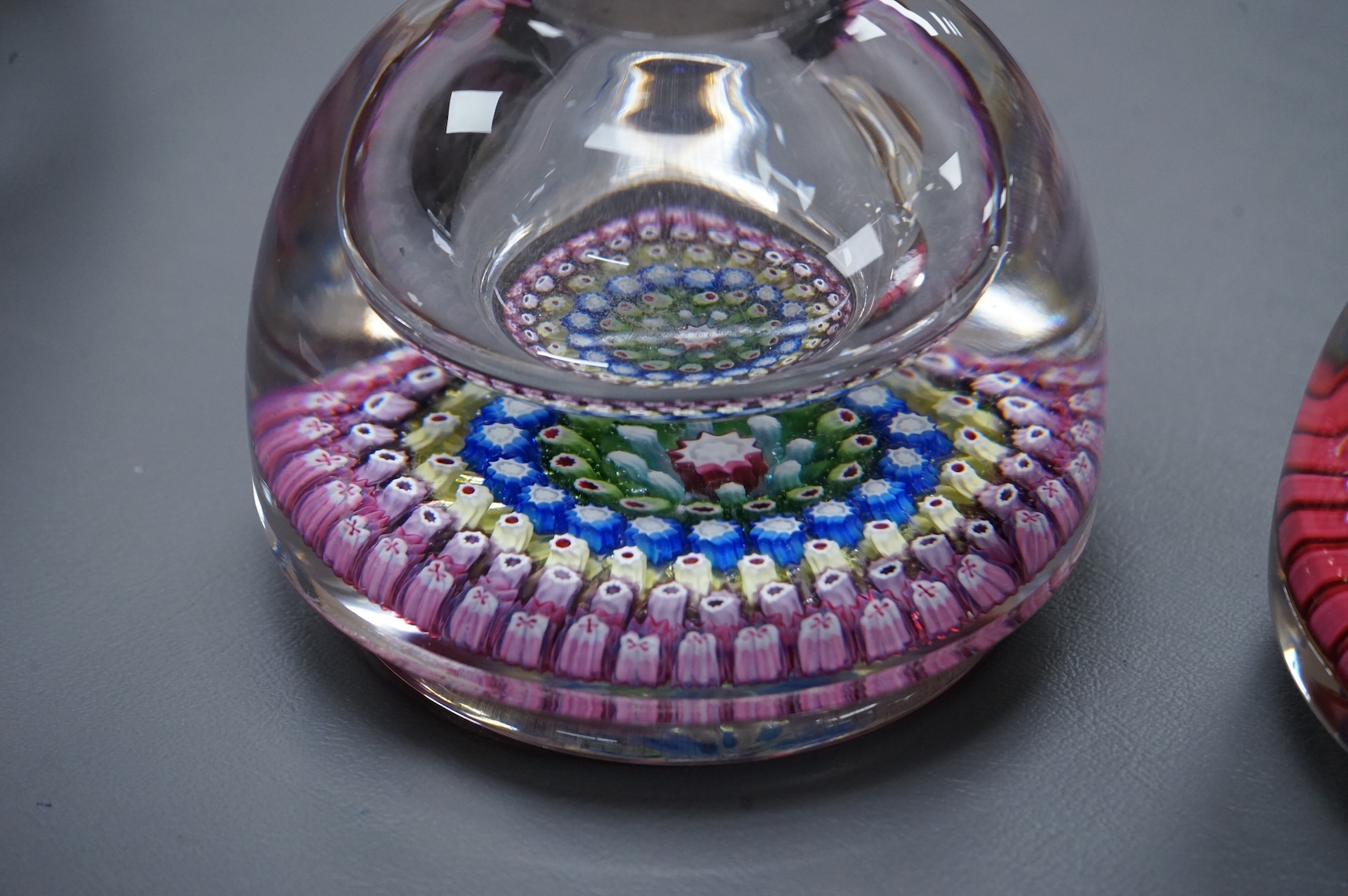 Two Whitefriars millefiori inkwells with stoppers, tallest 17cm high.